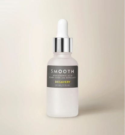 Frosted glass dropper bottle labeled Smooth Hyaluronic Acid Clary Sage and Bergamot, Desavery, 30ml.