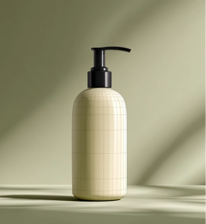 Beige cylindrical lotion or soap dispenser bottle with a black pump on an olive green surface with soft shadow.